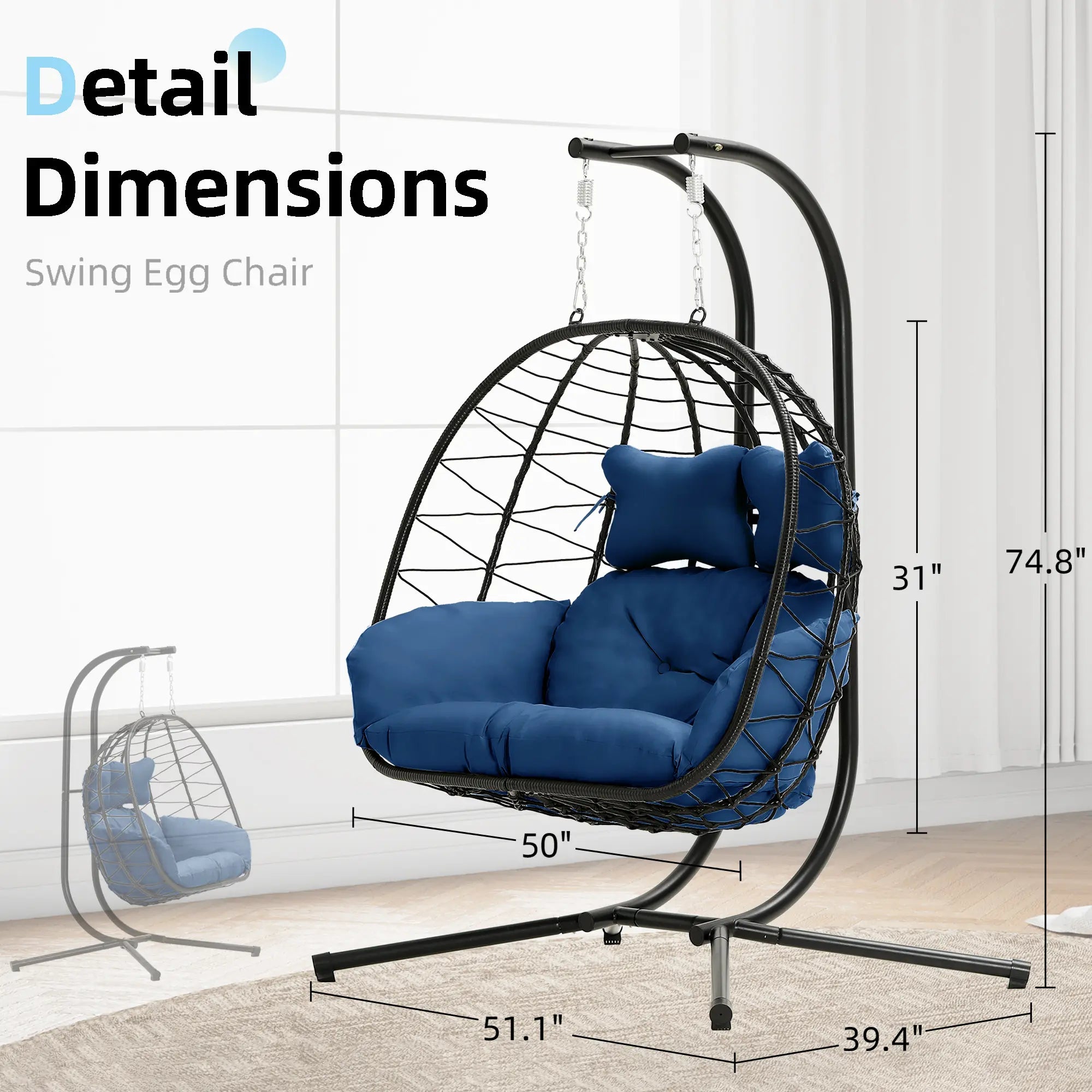 Double Hanging Egg Chair with Cushion, 700lbs Capacity