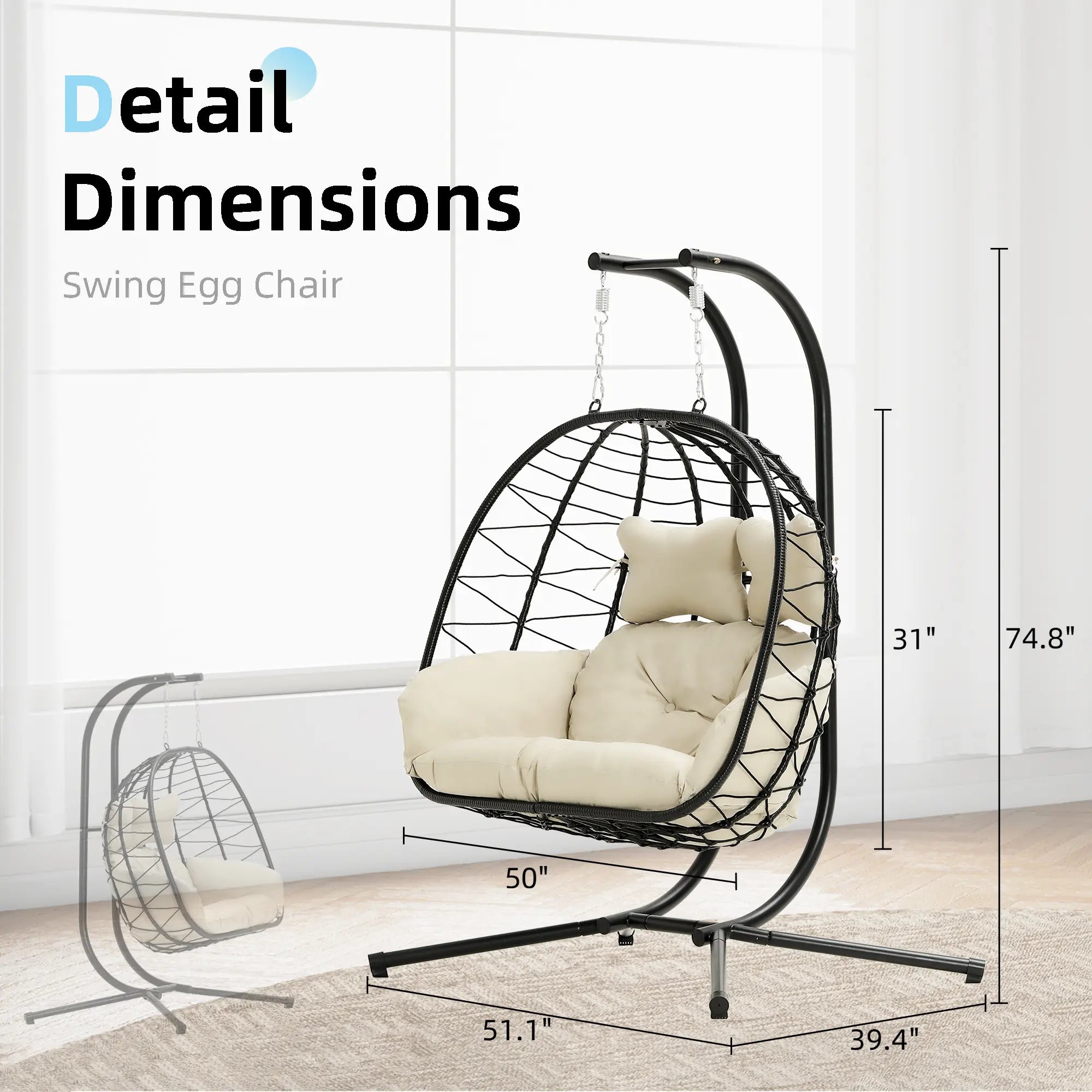 Double Hanging Egg Chair with Cushion, 700lbs Capacity